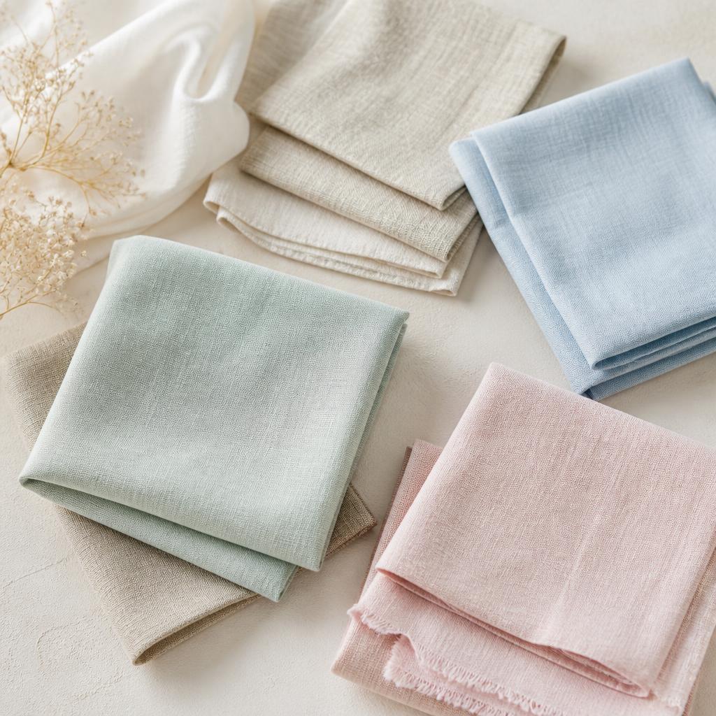 Pastel folded linen and cotton fabric swatches